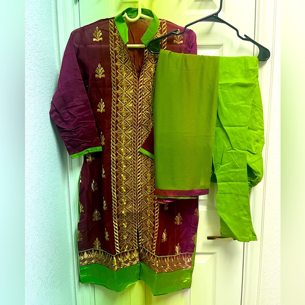 3 piece purple green suit.